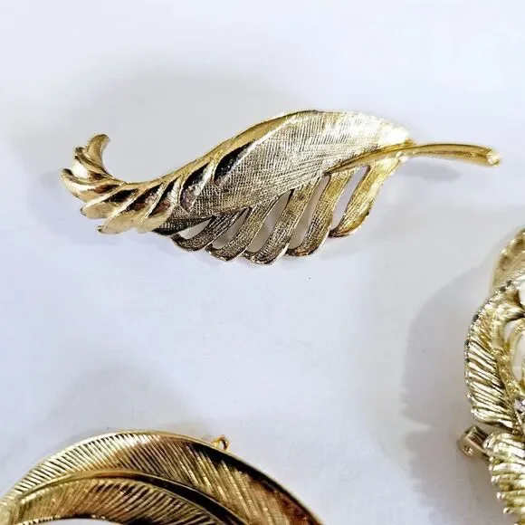 Vintage Set of 3 Gold Tone Rhinestone Signed Gerry's Leaf Themed Brooches Pins - Picture 4 of 12